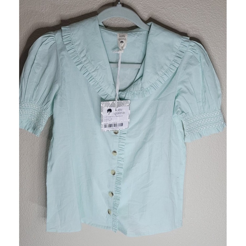 Kate Quinn Girls 7Y Organic Cotton Poplin Blouse Mint Green Puff Sleeve NWT